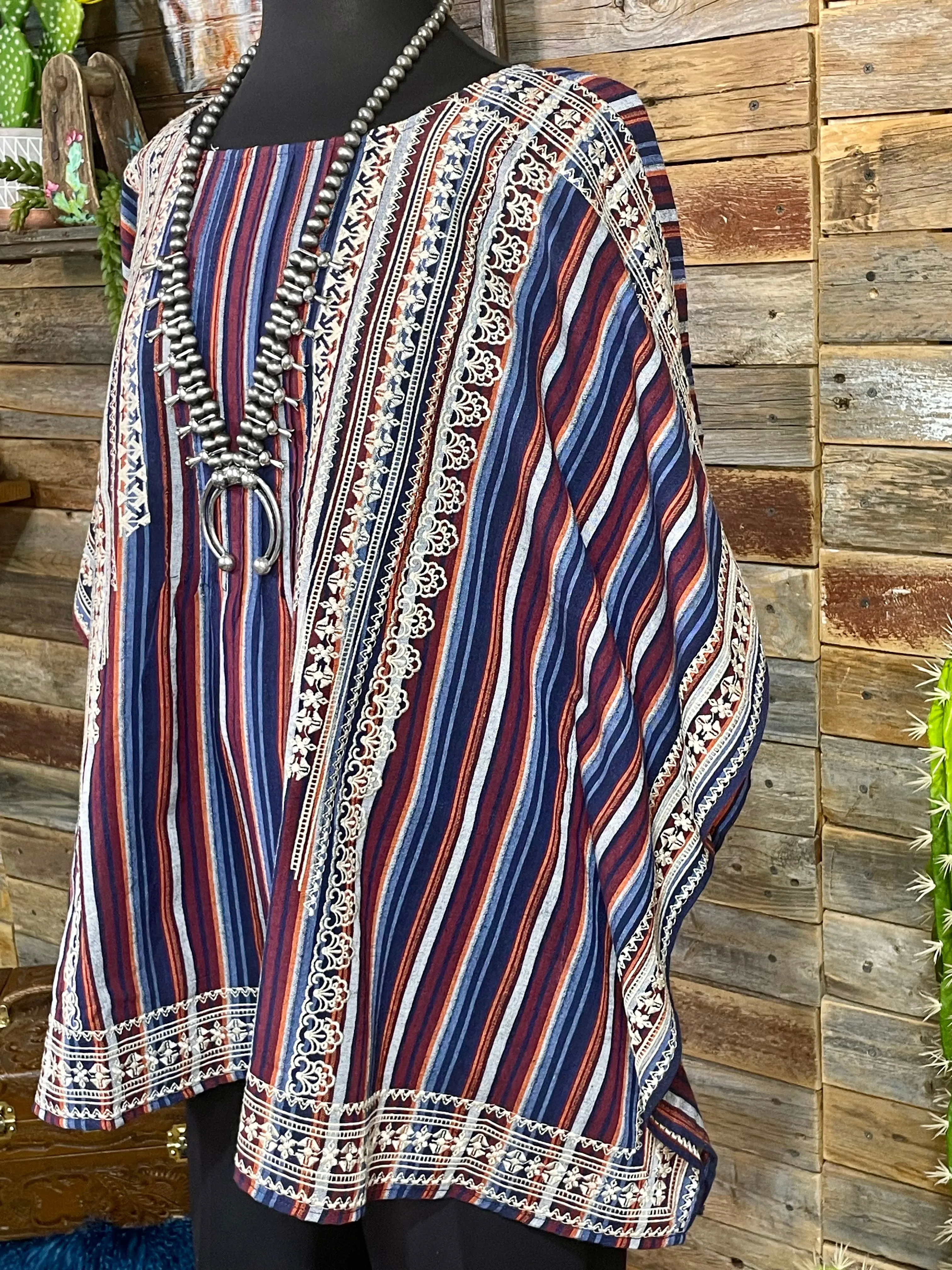 Lady Luck Embroidered Striped Poncho