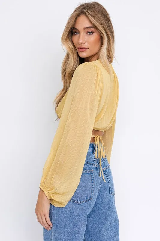 LE LIS Balloon Long Sleeve Criss Cross Crop Top