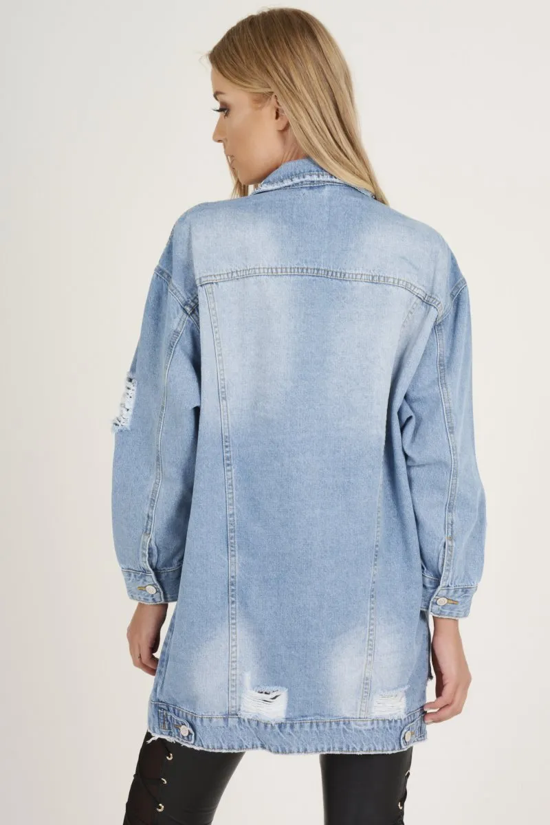 Light Wash Distressed Oversized Denim Jacket - Betti