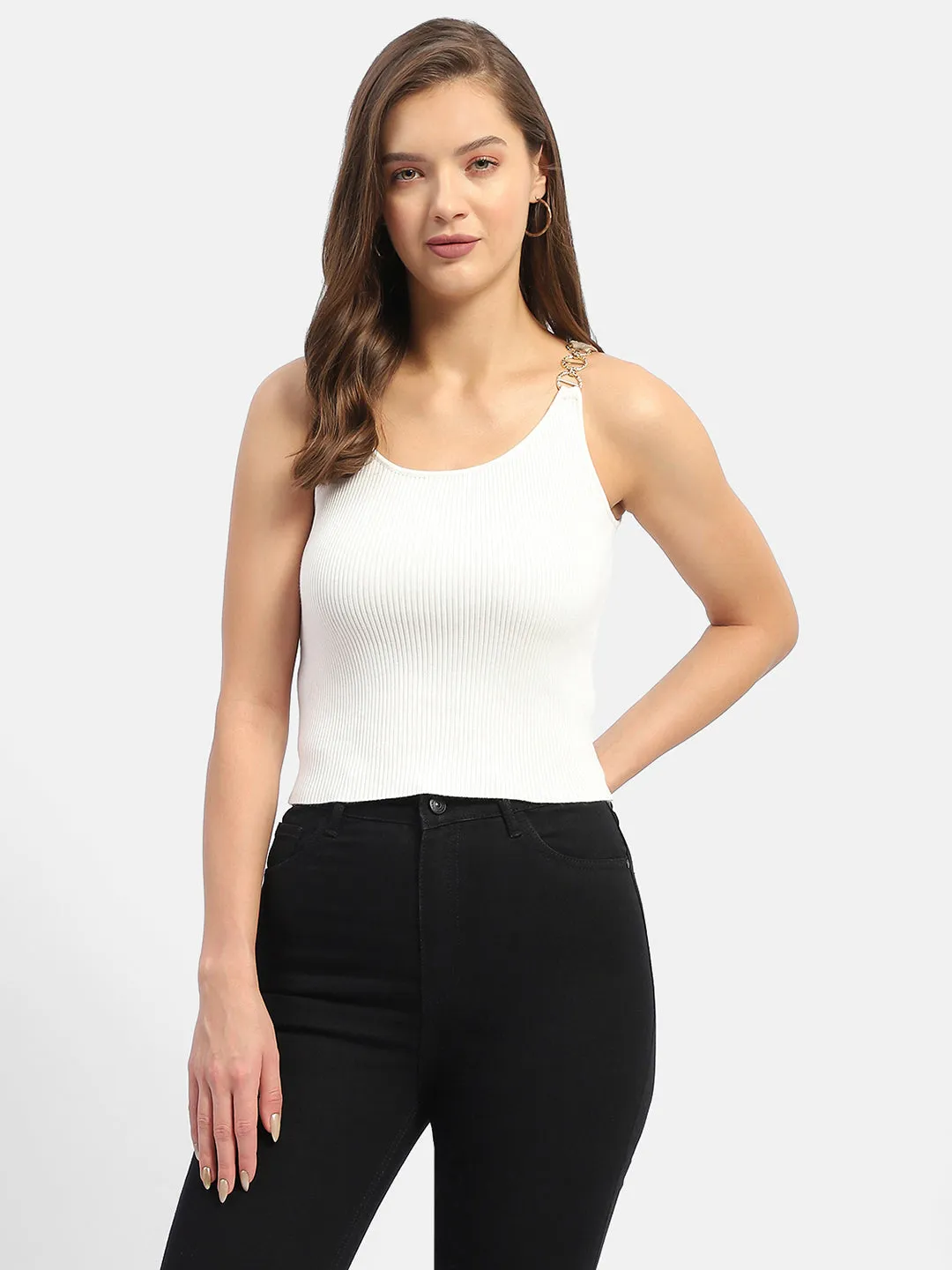 Madame Hoop Strap Off White Ribbed Tank Top
