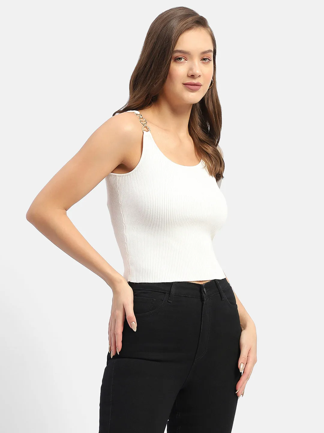 Madame Hoop Strap Off White Ribbed Tank Top