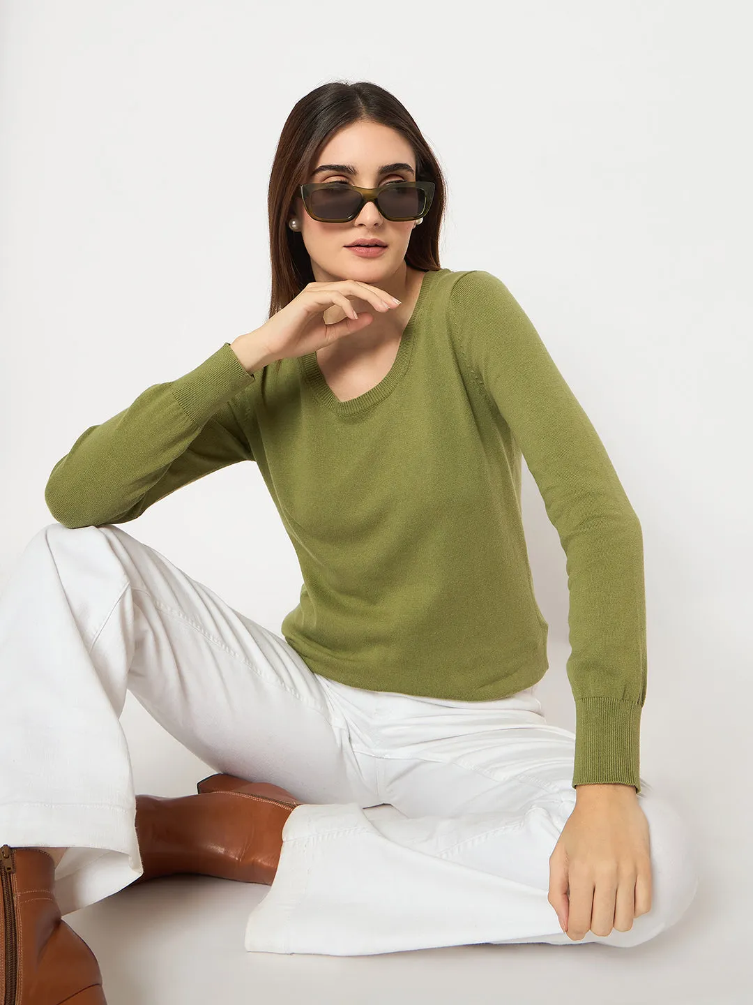 Madame Round Neck Ribbed Cuff Olive Sweater