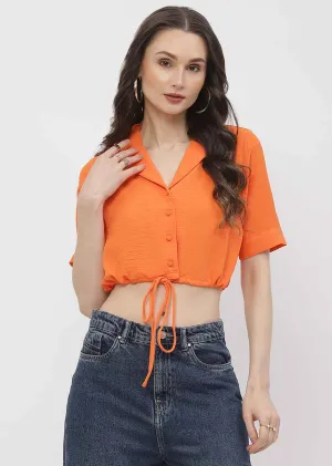 Madame Solid Orange Drawstring Crop Top