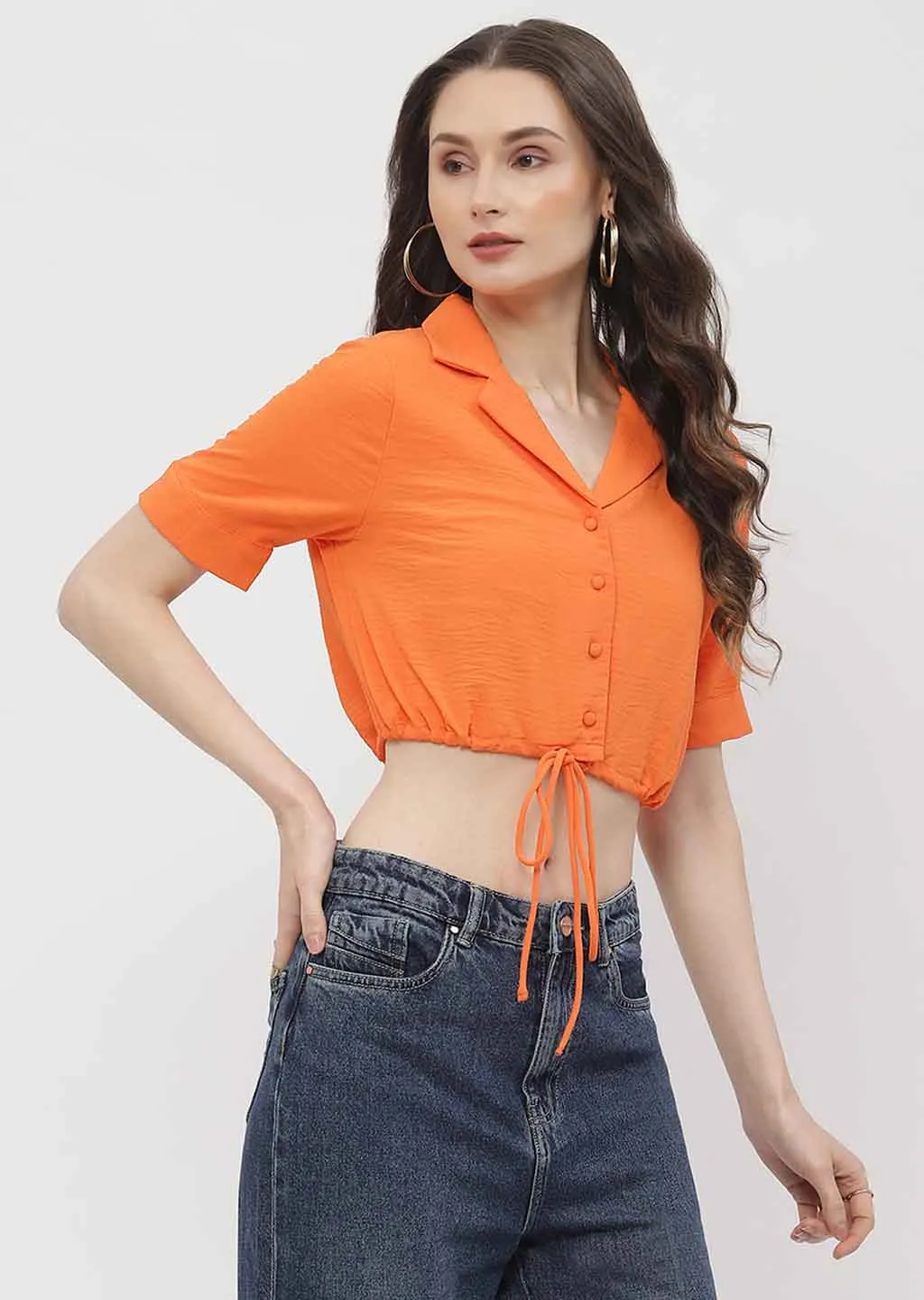 Madame Solid Orange Drawstring Crop Top