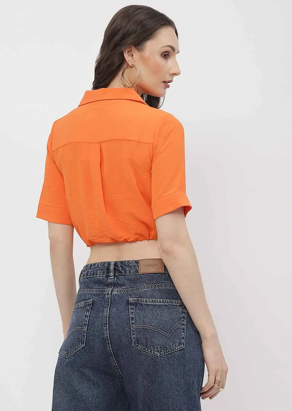 Madame Solid Orange Drawstring Crop Top
