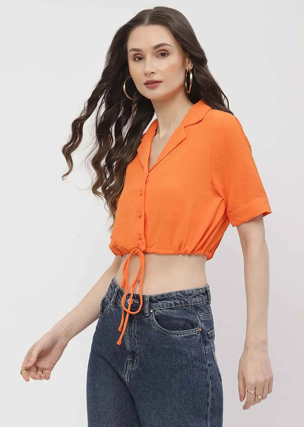 Madame Solid Orange Drawstring Crop Top