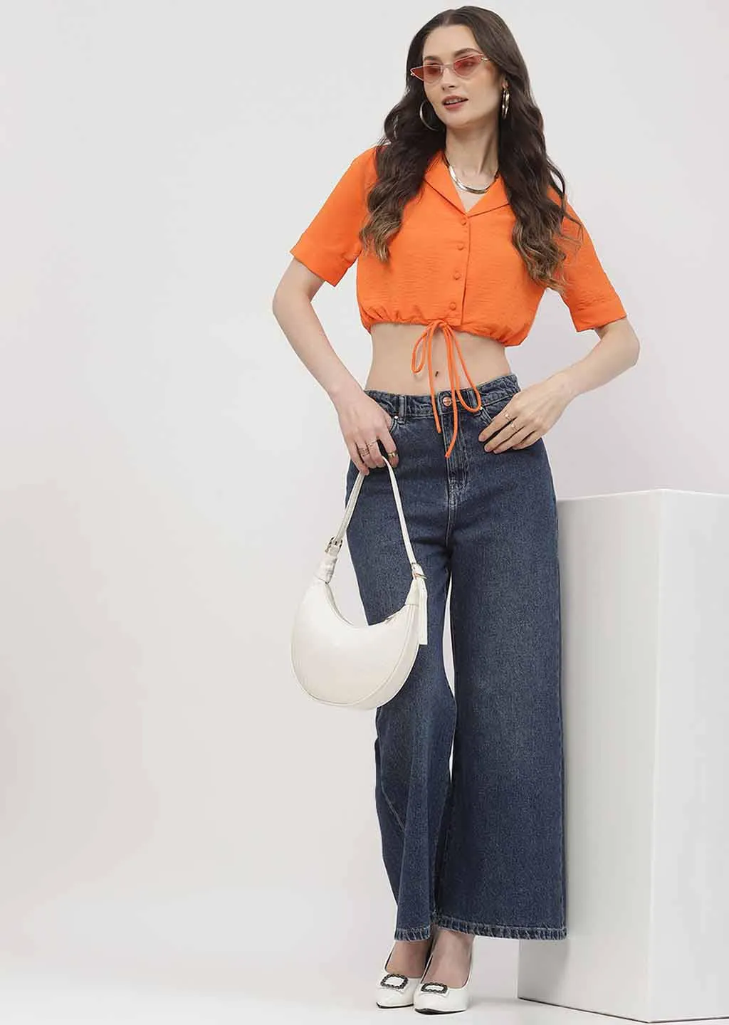 Madame Solid Orange Drawstring Crop Top