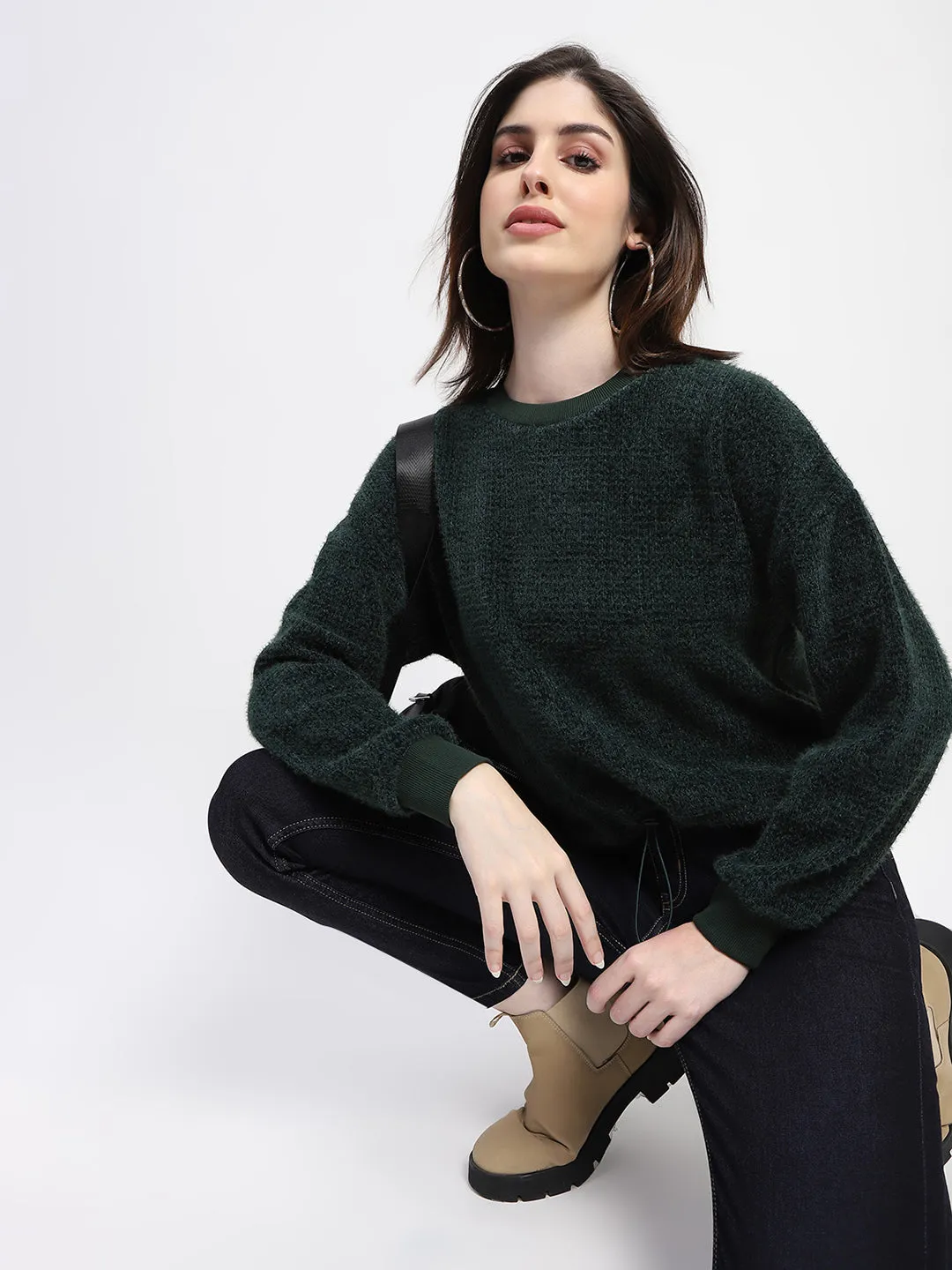 Madame Textured Drawstring Waist Bottle Green Top