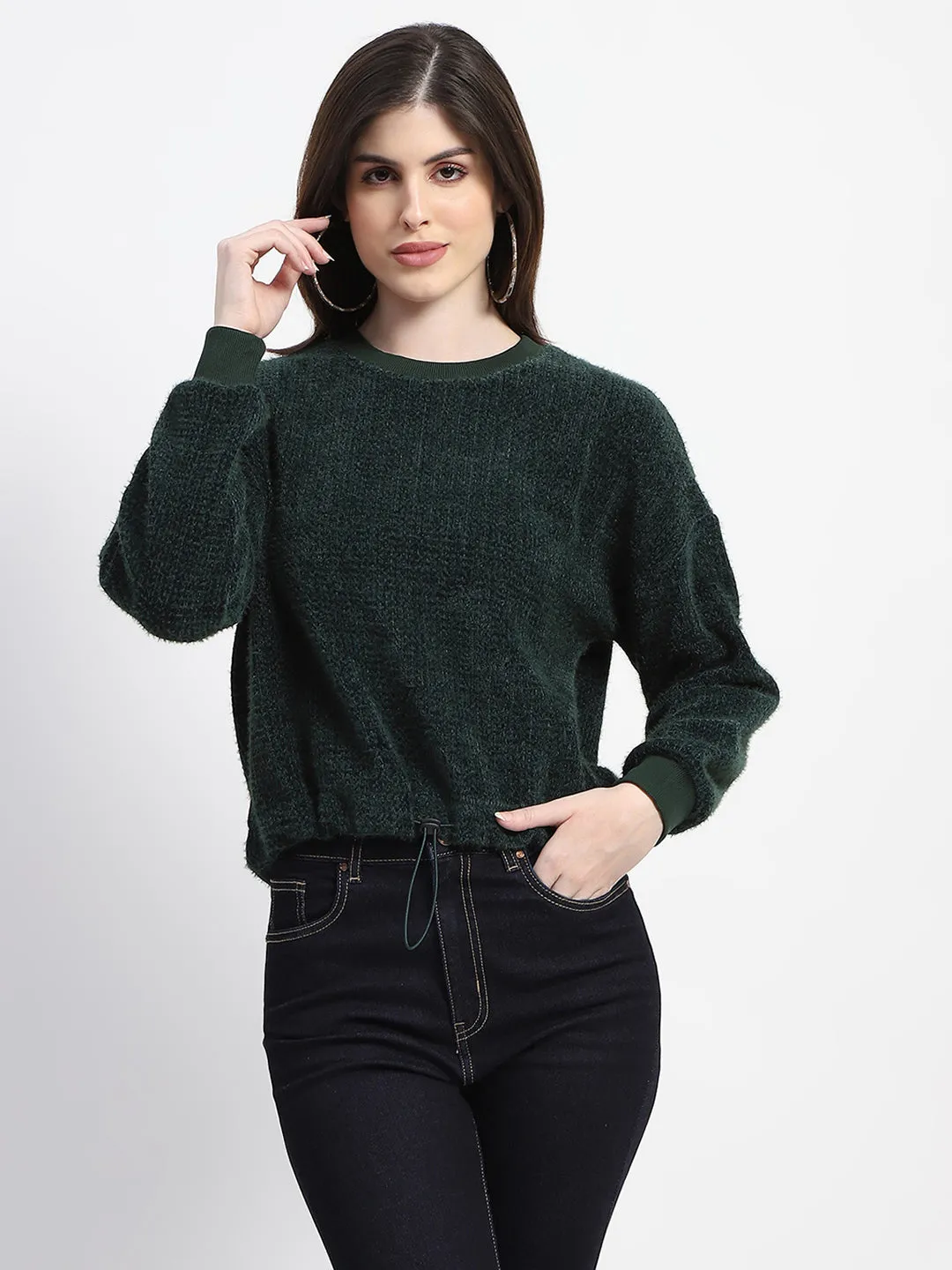 Madame Textured Drawstring Waist Bottle Green Top