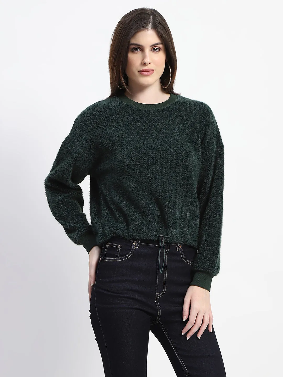 Madame Textured Drawstring Waist Bottle Green Top
