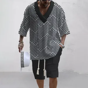 Men's fashionable V-neck contrasting knitted printed 2-piece suit