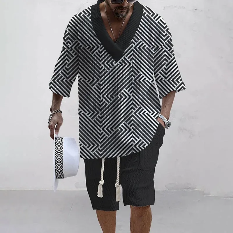 Men's fashionable V-neck contrasting knitted printed 2-piece suit