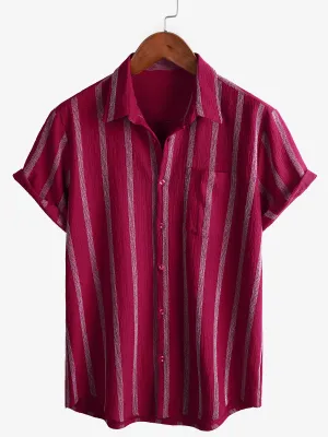 Men's Summer Striped Pocket Button Up Short Sleeve Hawaiian Shirt
