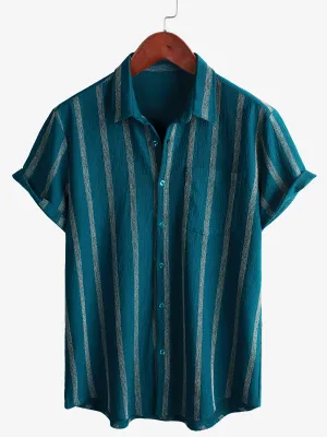 Men's Summer Striped Pocket Button Up Short Sleeve Shirt
