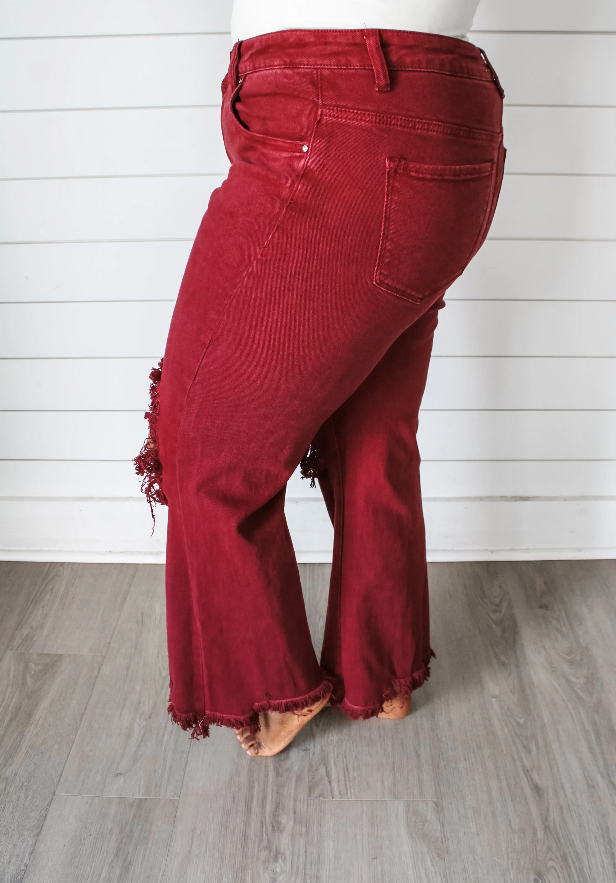 Minnie Distressed Ankle Flare • Wine - PLUS - FINAL SALE