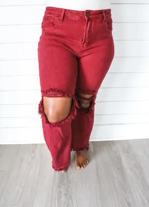 Minnie Distressed Ankle Flare • Wine - PLUS - FINAL SALE