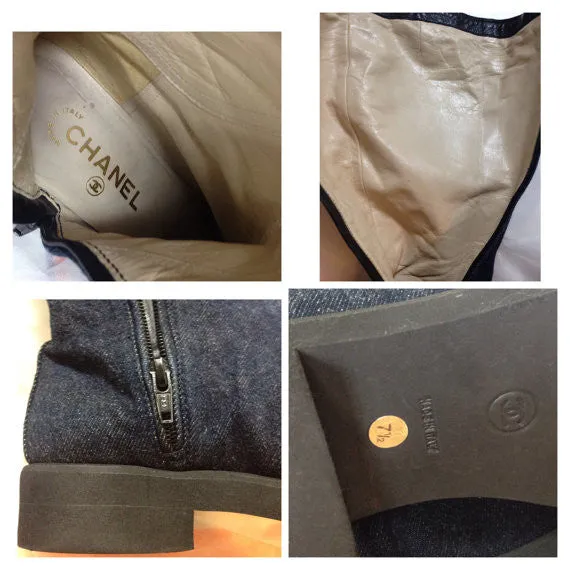 MINT. Vintage CHANEL mid high, black leather and denim combination long boots with CC mark. Leather lining. Very sexy boots. US7 ~ 7.5