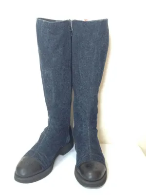 MINT. Vintage CHANEL mid high, black leather and denim combination long boots with CC mark. Leather lining. Very sexy boots. US7 ~ 7.5