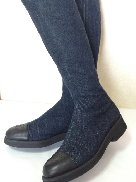 MINT. Vintage CHANEL mid high, black leather and denim combination long boots with CC mark. Leather lining. Very sexy boots. US7 ~ 7.5
