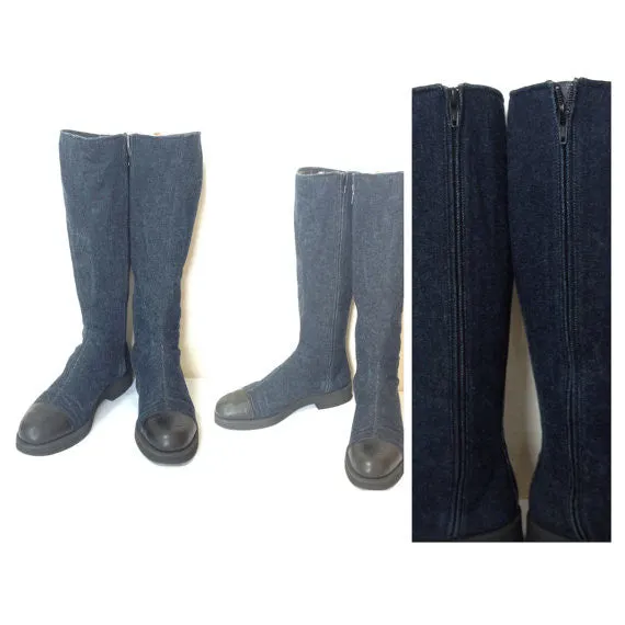MINT. Vintage CHANEL mid high, black leather and denim combination long boots with CC mark. Leather lining. Very sexy boots. US7 ~ 7.5