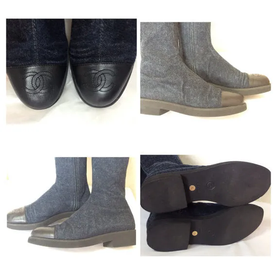 MINT. Vintage CHANEL mid high, black leather and denim combination long boots with CC mark. Leather lining. Very sexy boots. US7 ~ 7.5