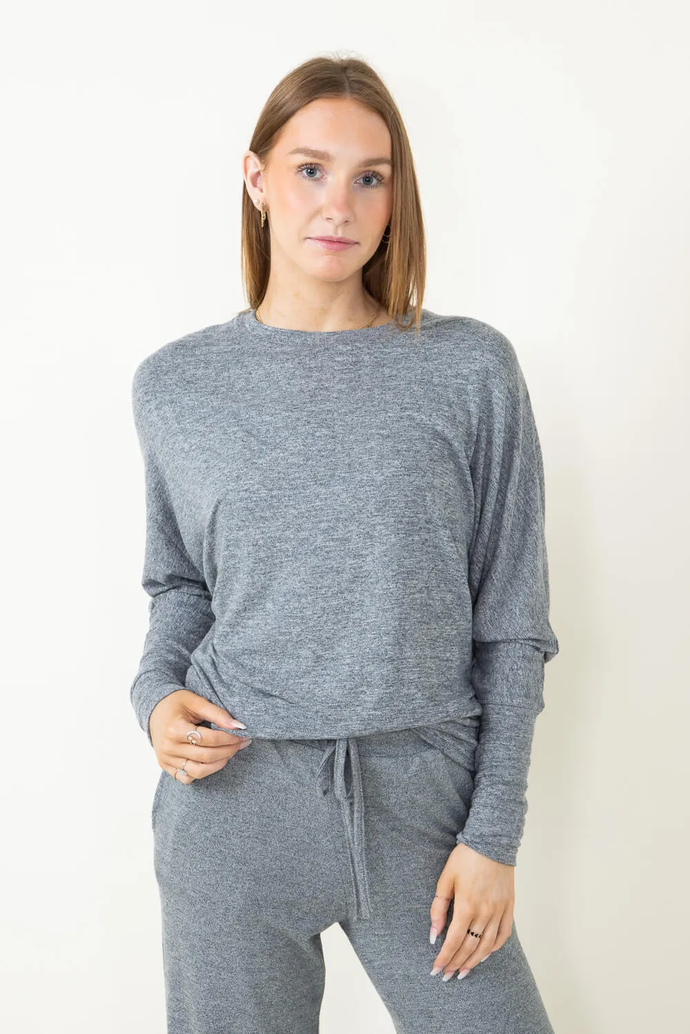 Mono B Hatchi Dolman Sleeve Crewneck Top for Women in Grey | KT11527-GREY