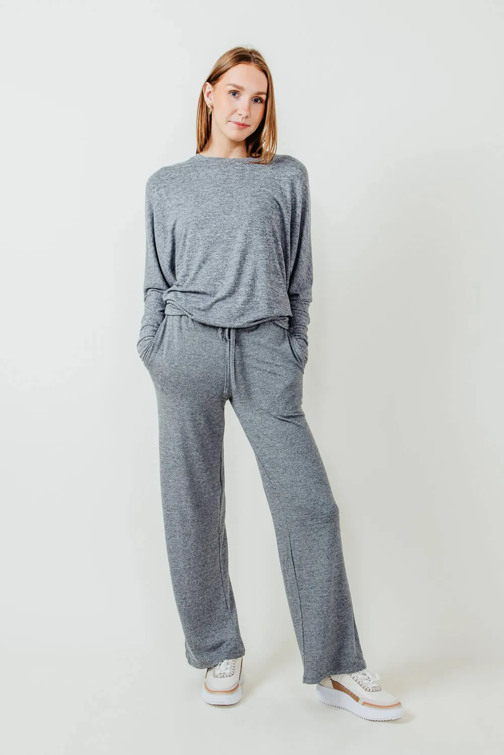 Mono B Hatchi Dolman Sleeve Crewneck Top for Women in Grey | KT11527-GREY