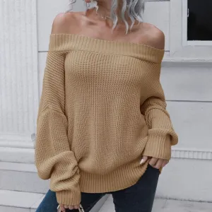 Off-Shoulder Comfort Ribbed Sweater - Tan