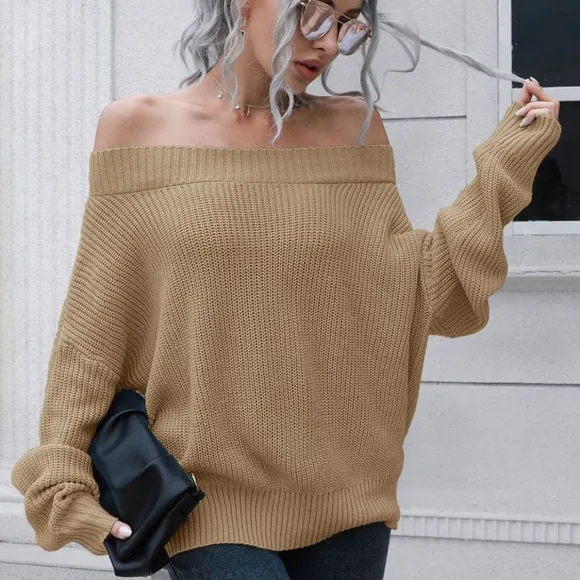 Off-Shoulder Comfort Ribbed Sweater - Tan