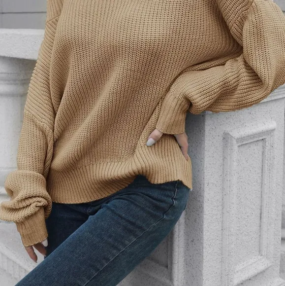 Off-Shoulder Comfort Ribbed Sweater - Tan
