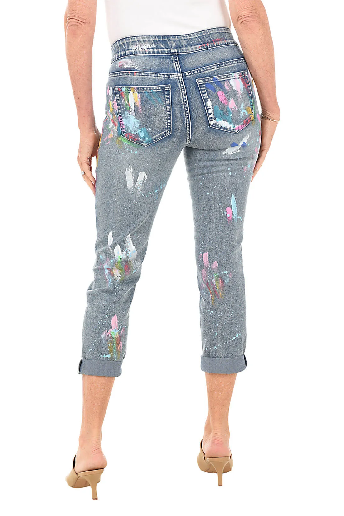 Paint Speckled Pull-On Denim Ankle Pant