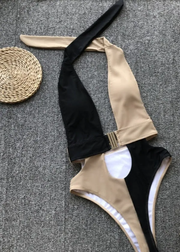 Peek-A-Boo Black & Tan One Piece Swimsuit