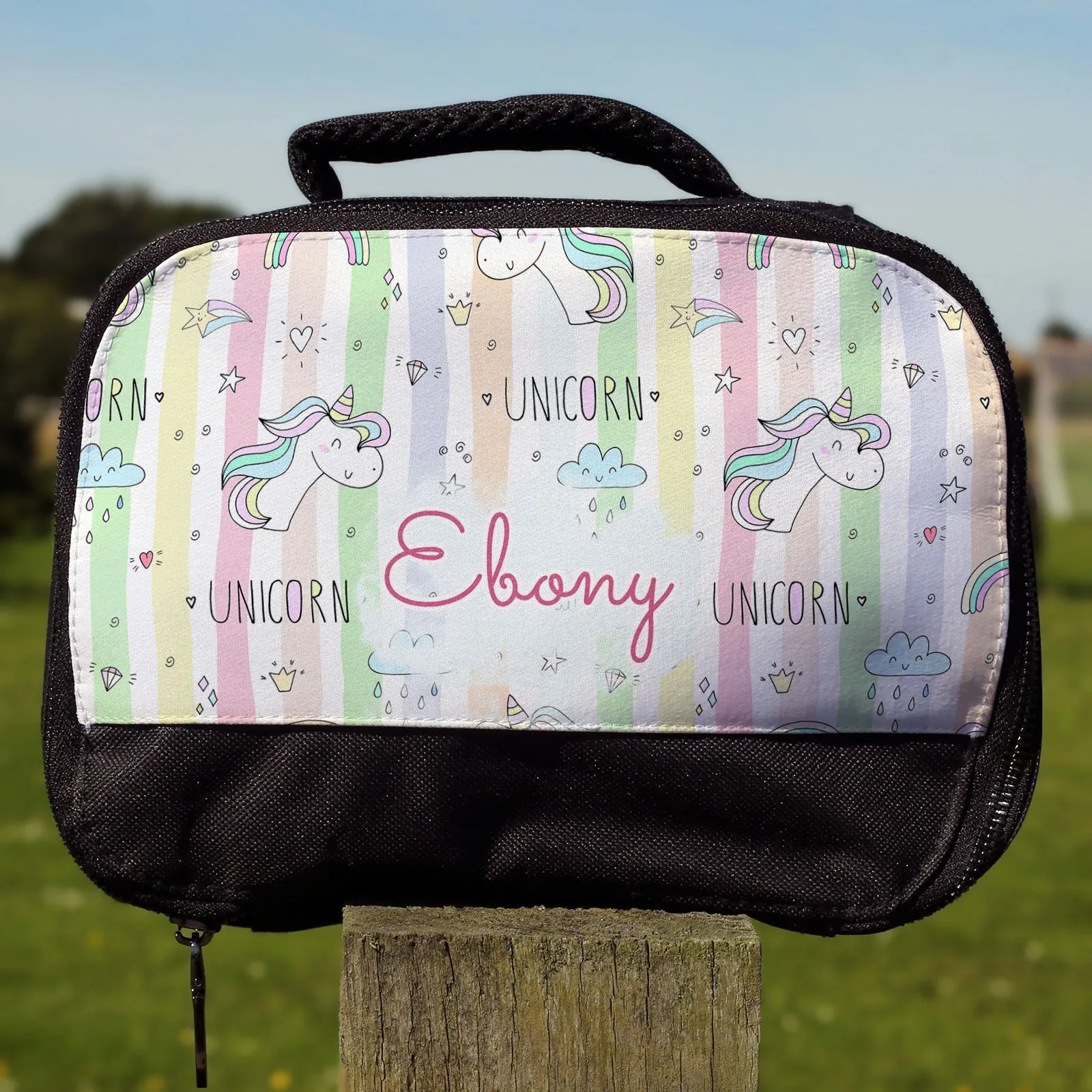 Personalised Lunch Bag with Unicorn Sticker Bomb and Name