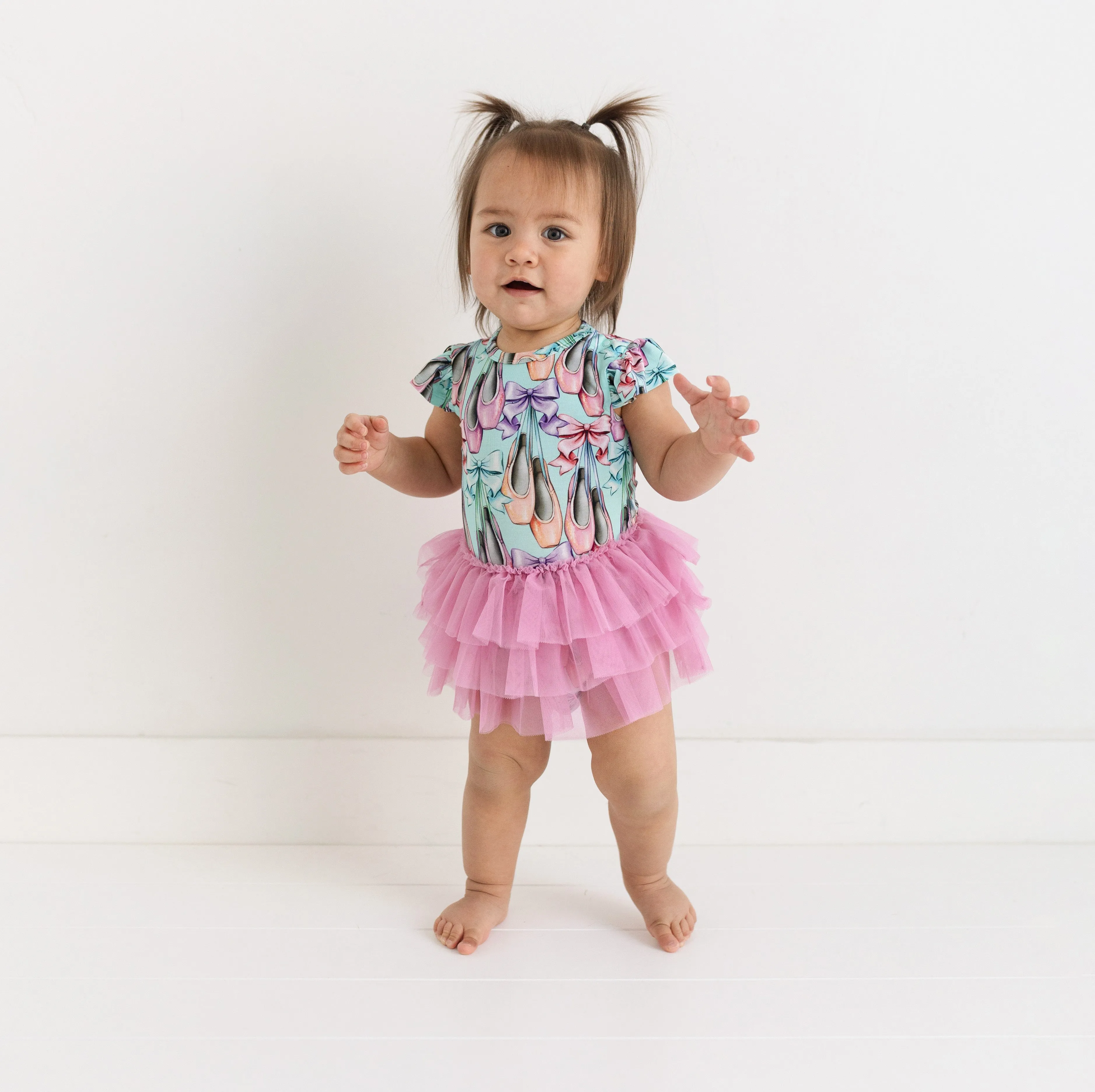 Posh Peanut Cap Sleeve Ruffled Girls Tulle Skirt Bodysuit in Irina