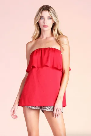 Red Flutter Strapless Top