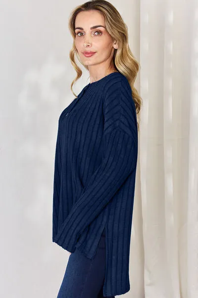 Ribbed Half Button High-Low Top- 5 Colors (Sky, Green, Pink, Red, Blue)