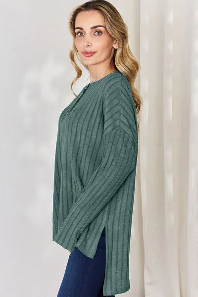 Ribbed Half Button High-Low Top- 5 Colors (Sky, Green, Pink, Red, Blue)