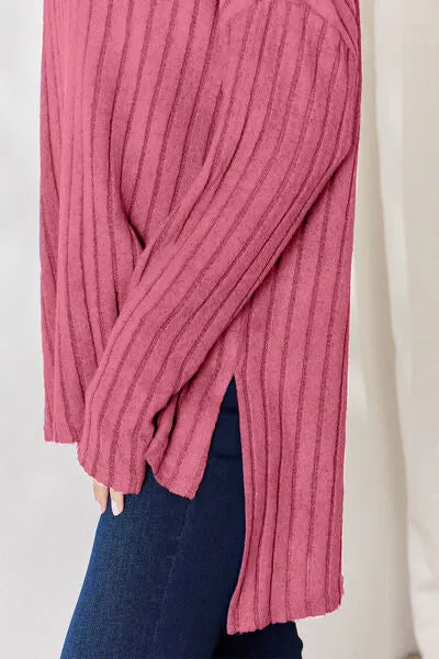 Ribbed Half Button High-Low Top- 5 Colors (Sky, Green, Pink, Red, Blue)