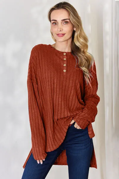 Ribbed Half Button High-Low Top- 5 Colors (Sky, Green, Pink, Red, Blue)