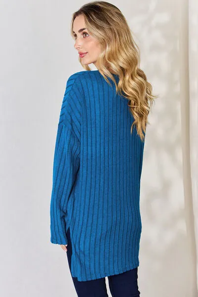 Ribbed Half Button High-Low Top- 5 Colors (Sky, Green, Pink, Red, Blue)
