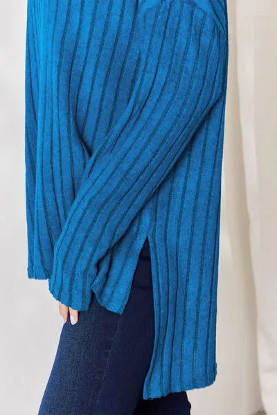 Ribbed Half Button High-Low Top- 5 Colors (Sky, Green, Pink, Red, Blue)