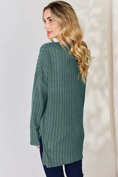 Ribbed Half Button High-Low Top- 5 Colors (Sky, Green, Pink, Red, Blue)