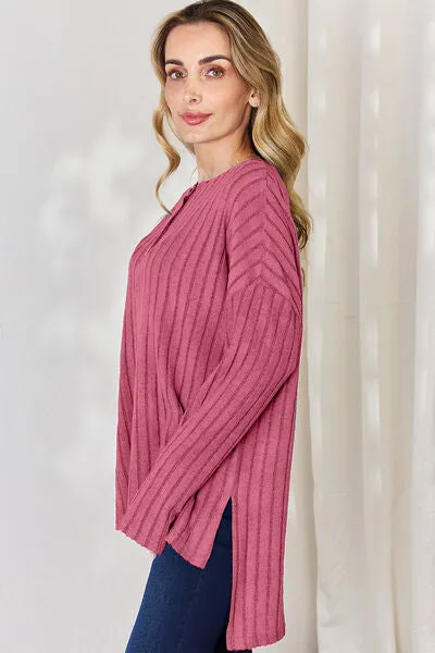 Ribbed Half Button High-Low Top- 5 Colors (Sky, Green, Pink, Red, Blue)