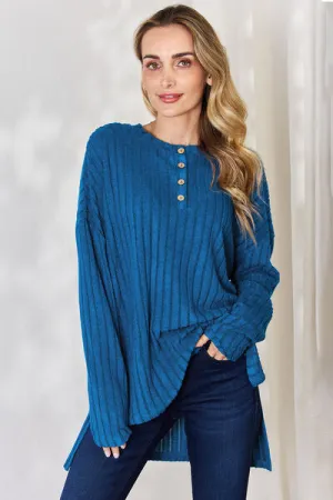 Ribbed Half Button High-Low Top- 5 Colors (Sky, Green, Pink, Red, Blue)