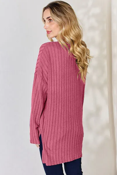 Ribbed Half Button High-Low Top- 5 Colors (Sky, Green, Pink, Red, Blue)
