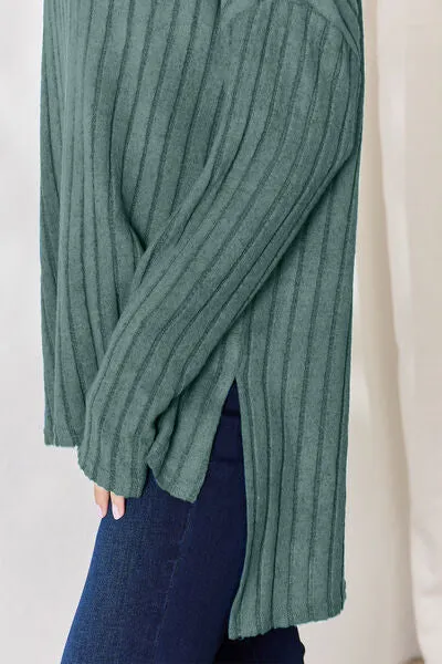 Ribbed Half Button High-Low Top- 5 Colors (Sky, Green, Pink, Red, Blue)