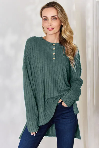 Ribbed Half Button High-Low Top- 5 Colors (Sky, Green, Pink, Red, Blue)