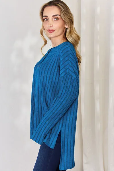 Ribbed Half Button High-Low Top- 5 Colors (Sky, Green, Pink, Red, Blue)