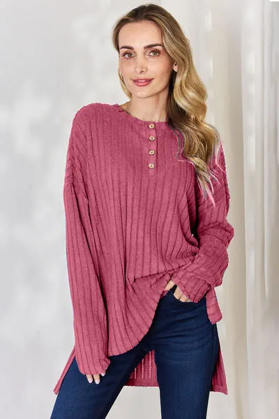 Ribbed Half Button High-Low Top- 5 Colors (Sky, Green, Pink, Red, Blue)