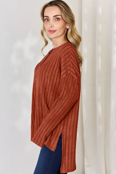 Ribbed Half Button High-Low Top- 5 Colors (Sky, Green, Pink, Red, Blue)